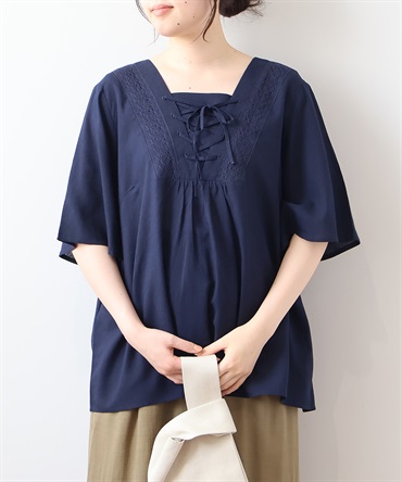 【L～６L】【接触冷感】 レースアップ ブラウス(70コン-Ｌ-0342674-70-032)
