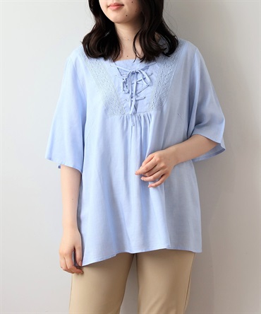 【L～６L】【接触冷感】 レースアップ ブラウス(72サックス-６Ｌ-0342674-72-342)