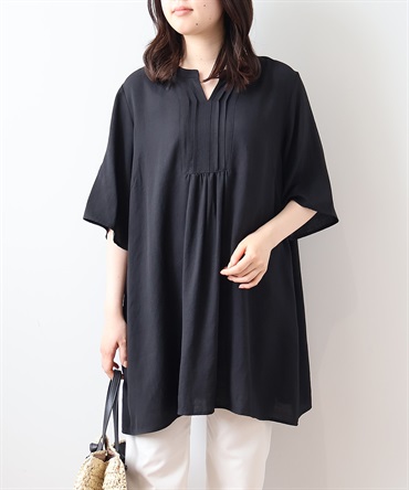 【L～5L】麻調スラブ ピンタック チュニック(00クロ-ＬＬ-0342675-00-033)