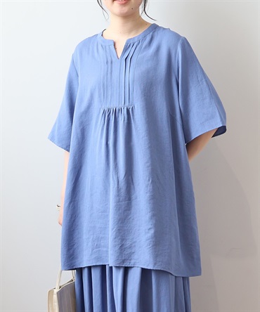 【L～5L】麻調スラブ ピンタック チュニック(71ブルー-５Ｌ-0342675-71-041)