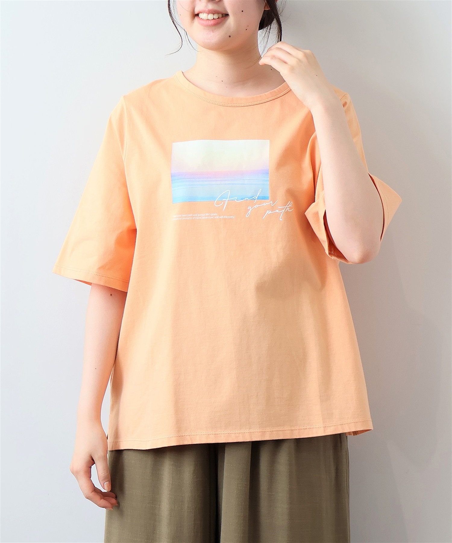 【L～5L】コットン天竺 グラフィック Tシャツ(41オレンジ-Ｌ-0343529-41-032)