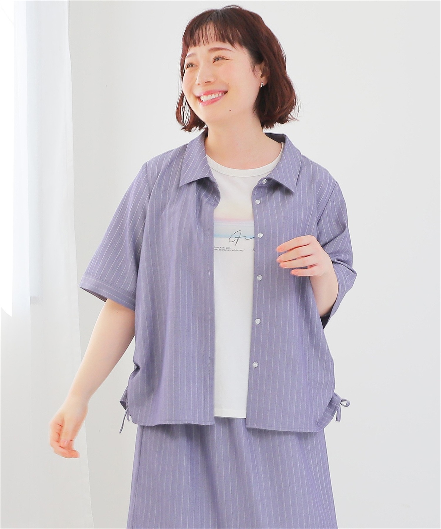 【LL～6L】【WEB/一部店舗限定】 ストライプ サイド ドローストリング シャツ(71シャンブレーST-ＬＬ-0343636-71-033)