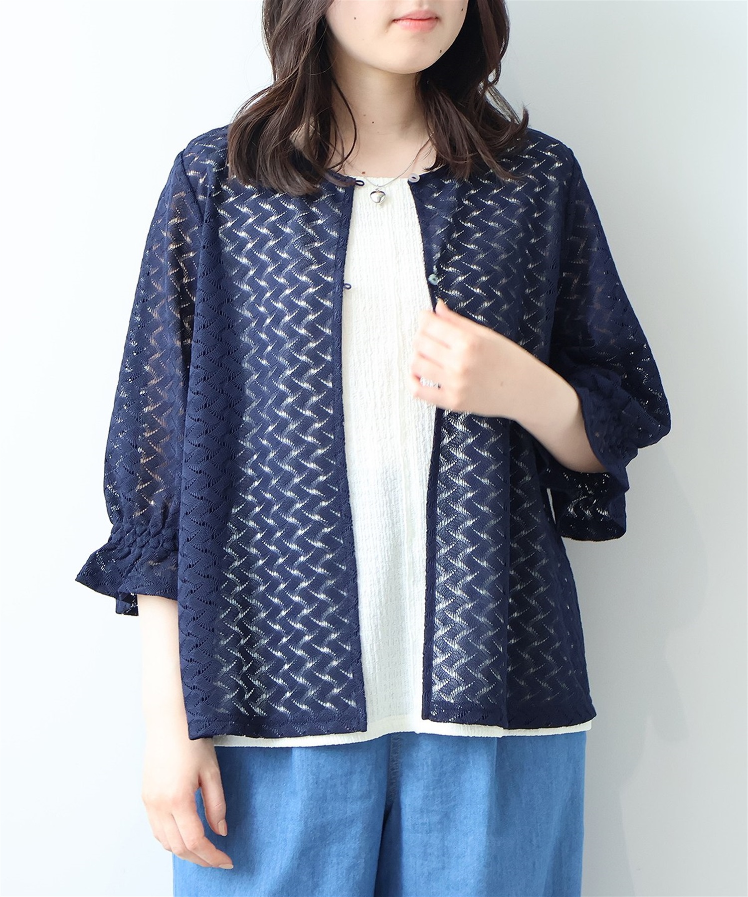 【L～５L】幾何学柄 レース カーディガン(70コン-Ｌ-0348507-70-032)