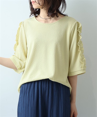【L～５L】ジャガードニット フリル スリーブ プルオーバー(61グリーン-ＬＬ-0348509-61-033)