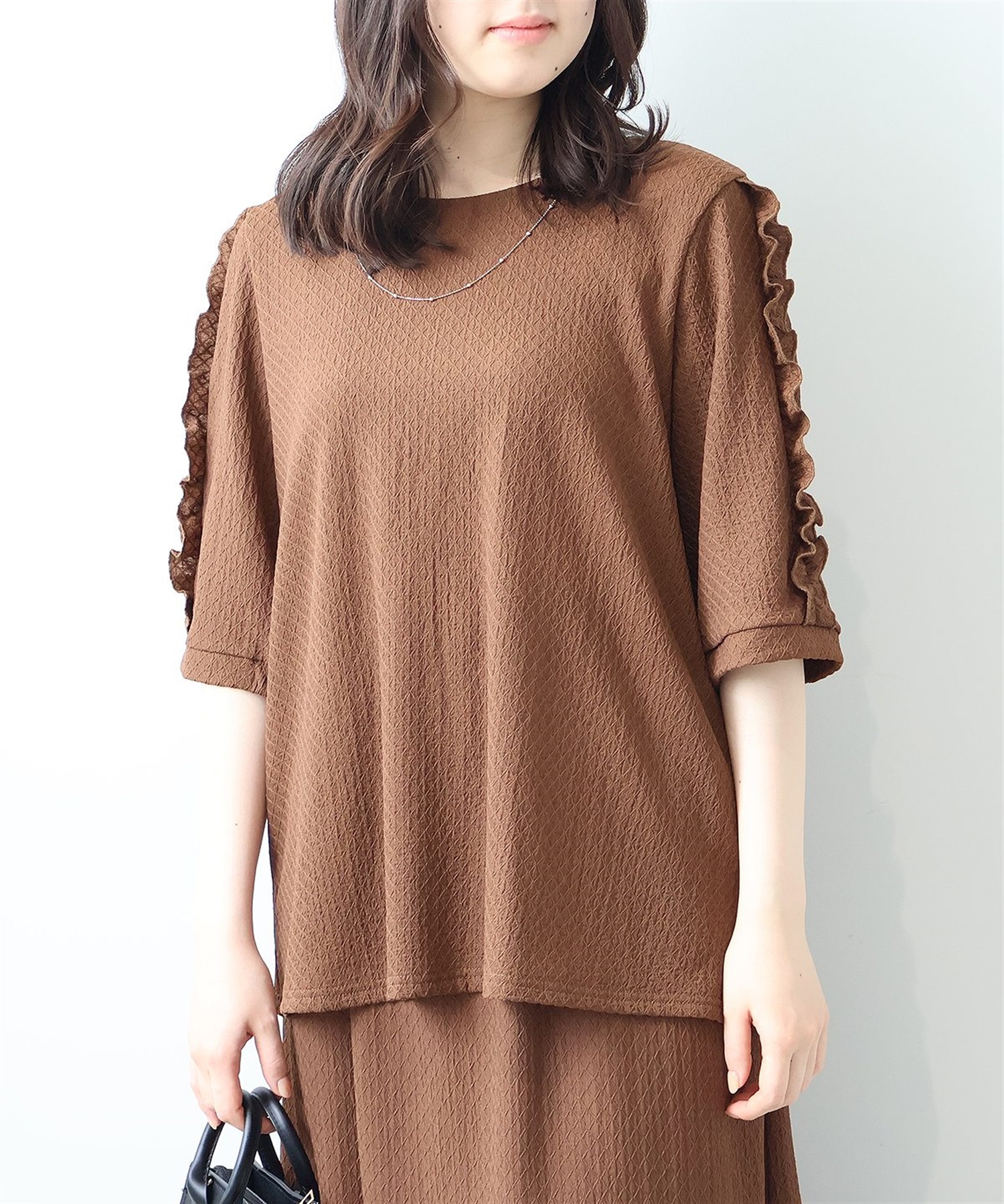 【L～５L】ジャガードニット フリル スリーブ プルオーバー(81チャ-Ｌ-0348509-81-032)
