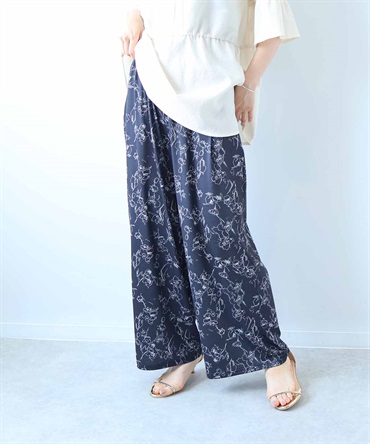 【L～５L】【接触冷感】単色花柄イージーワンドパンツ(00クロ-５Ｌ-0348803-00-041)