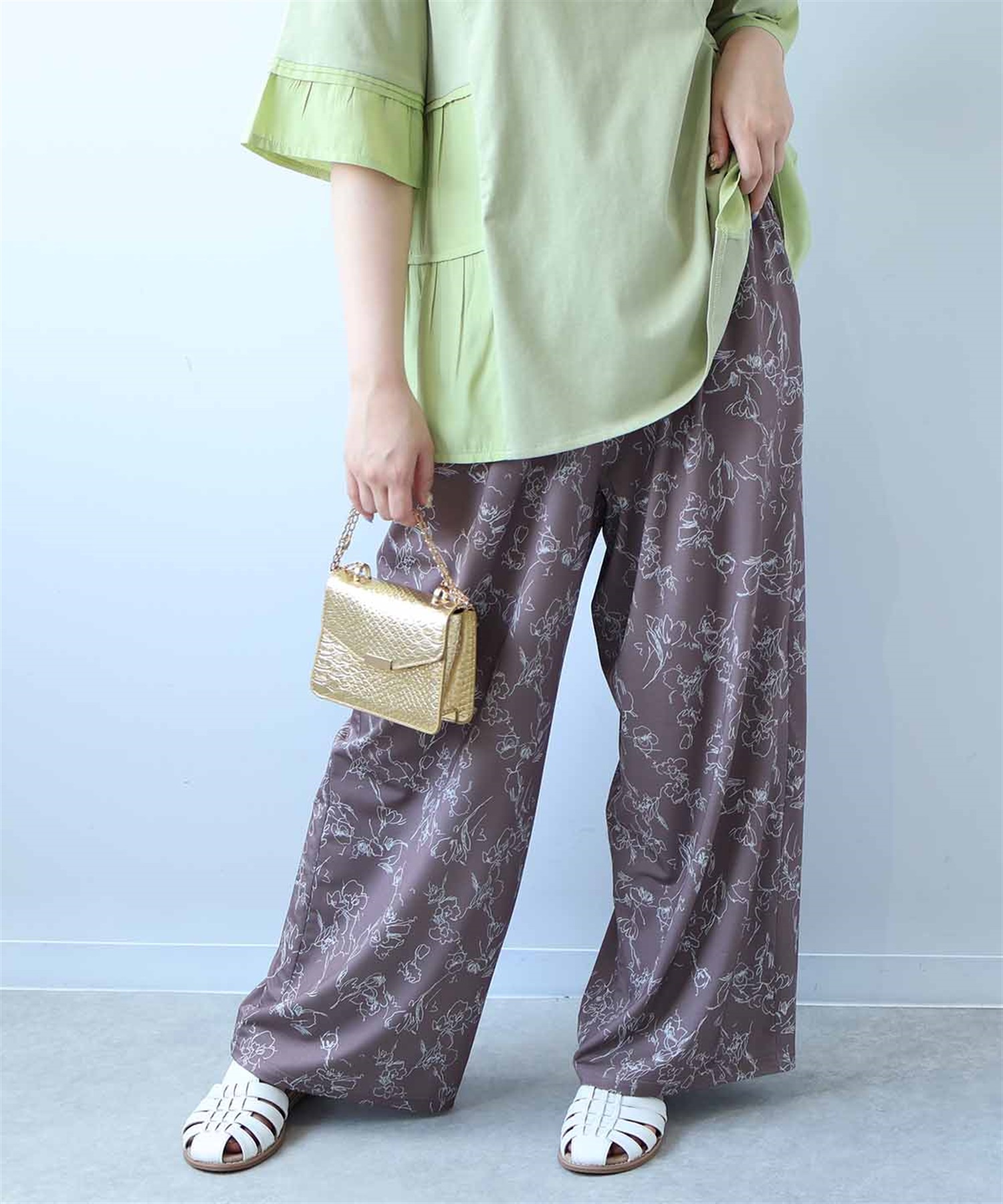 【L～５L】【接触冷感】単色花柄イージーワンドパンツ(81チャ-Ｌ-0348803-81-032)