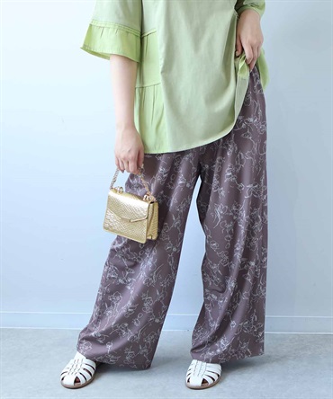 【L～５L】【接触冷感】単色花柄イージーワンドパンツ(81チャ-３Ｌ-0348803-81-035)