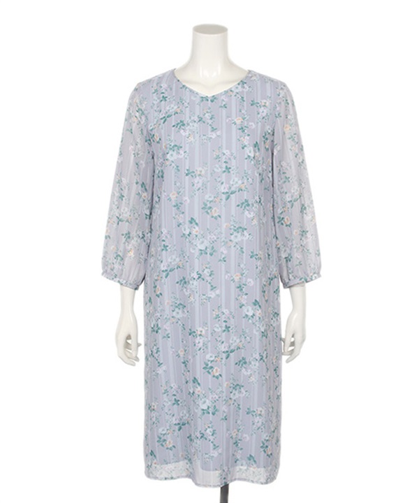 ストライプ 花柄シフォンジョーゼットワンピース