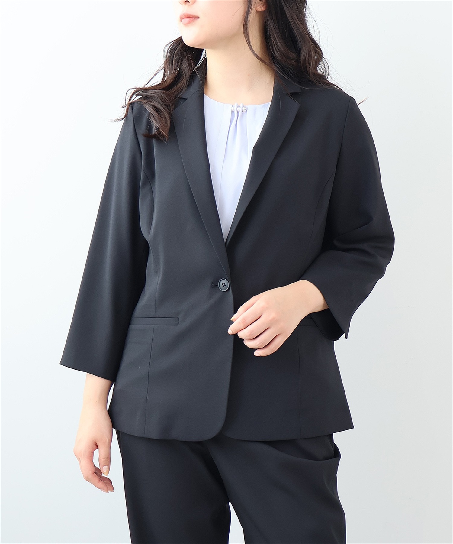 【L～6L】【接触冷感】【吸湿速乾】 リネンライク セットアップ テーラードジャケット(00クロ-Ｌ-0362209-00-032)