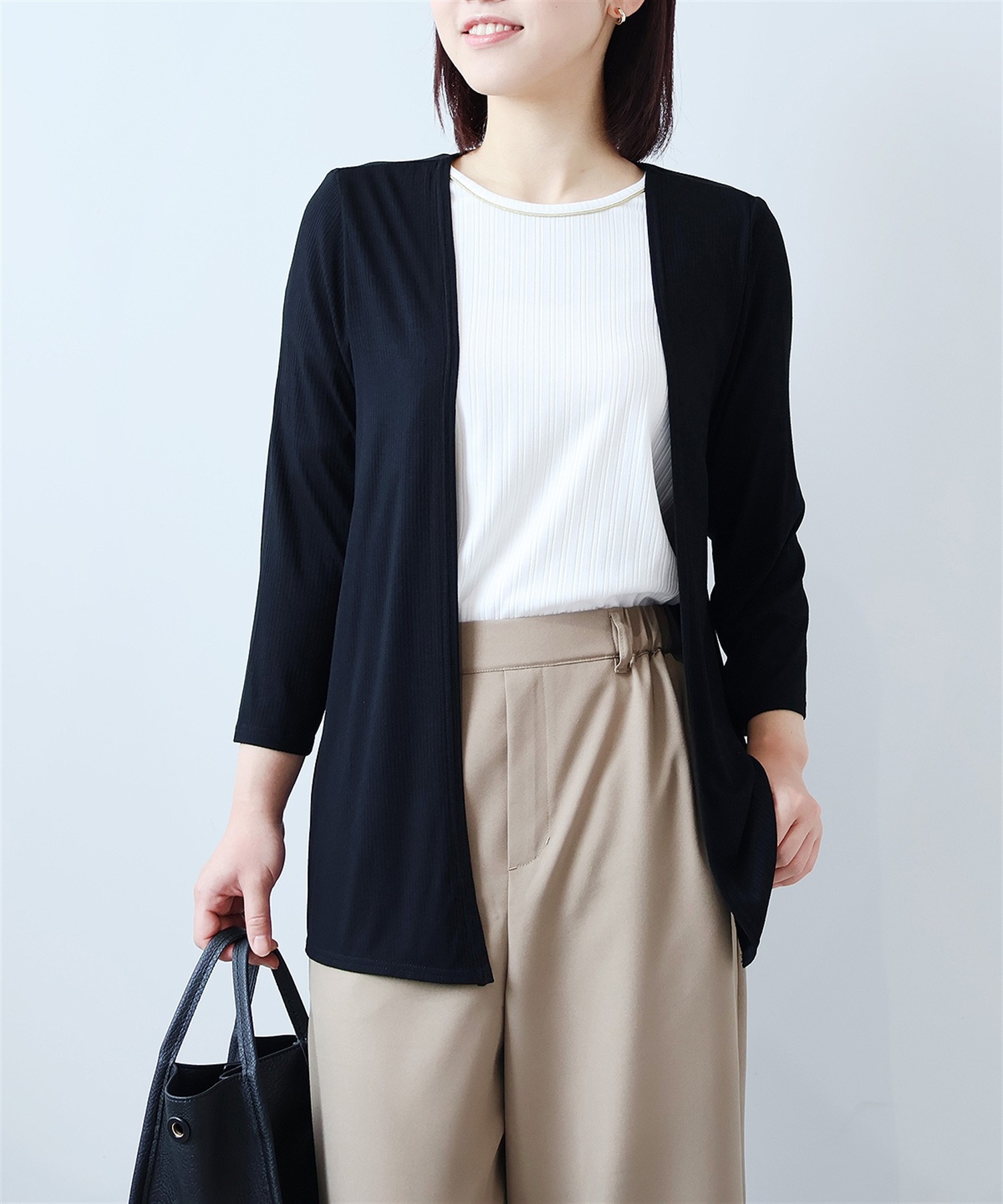 【L～５L】【UVカット・接触冷感】 サラサラ テレコ トッパーロング カーディガン(0クロ-Ｌ-0363476-00-032)