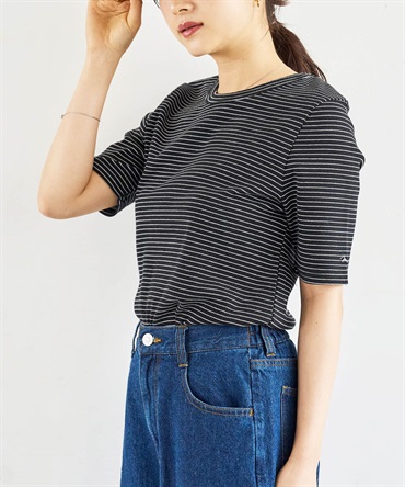【無地＆ボーダー6色展開】袖ロゴ刺繍 リブTシャツ(04ブラック×ホワイトボーダー-ＸＳ-0587065-04-028)