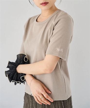 【無地＆ボーダー6色展開】袖ロゴ刺繍 リブTシャツ(12グレージュ無地-Ｓ-0587065-12-030)