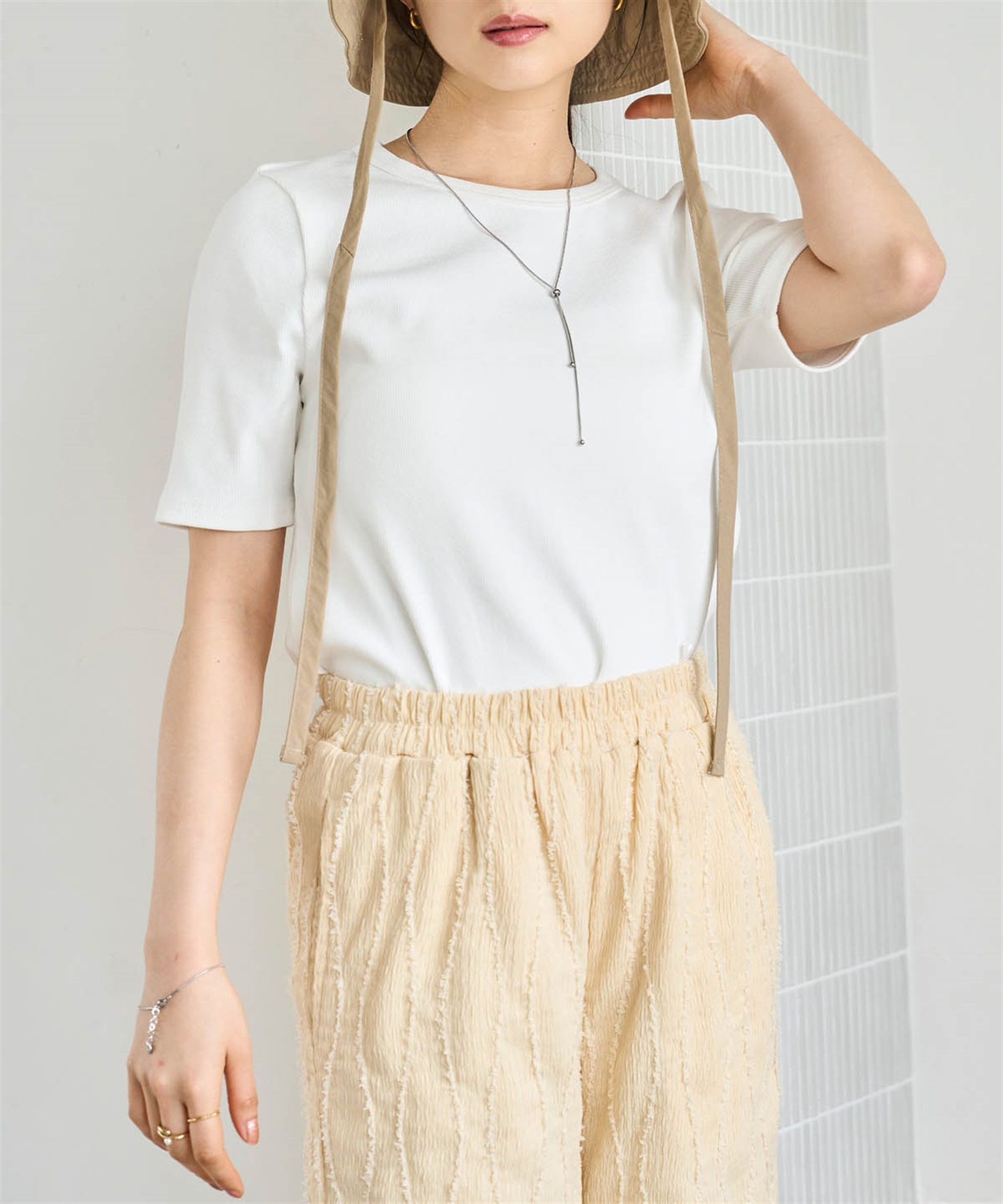【無地＆ボーダー6色展開】袖ロゴ刺繍 リブTシャツ(52オフホワイト無地-ＸＳ-0587065-52-028)