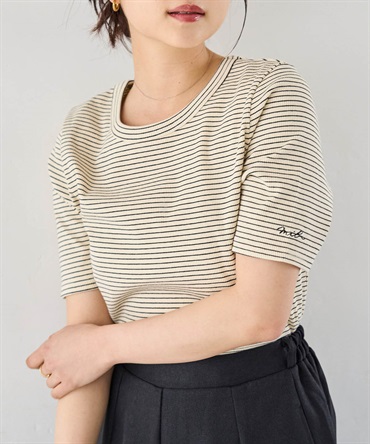 【無地＆ボーダー6色展開】袖ロゴ刺繍 リブTシャツ(70アイボリー×ブラックボーダー-Ｓ-0587065-70-030)