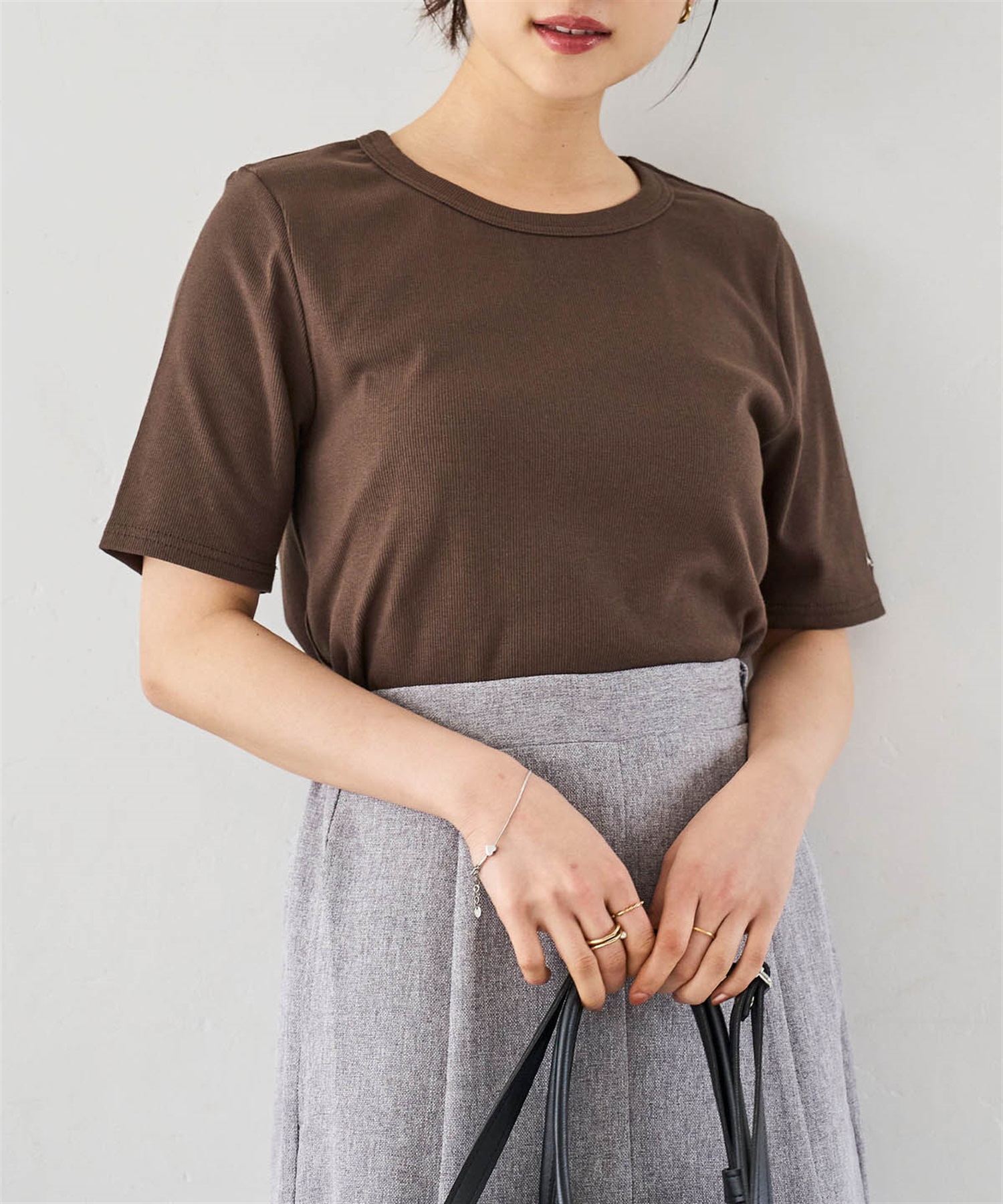 【無地＆ボーダー6色展開】袖ロゴ刺繍 リブTシャツ(80ブラウン無地-ＸＳ-0587065-80-028)