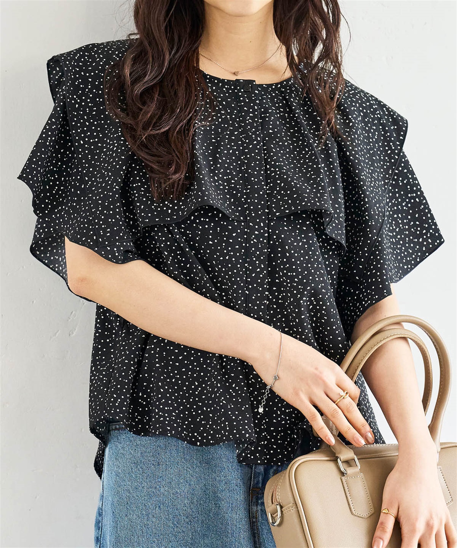 配色メロウ ラッフルブラウス(00ブラック×オフドット-ＸＳ-0587108-00-028)