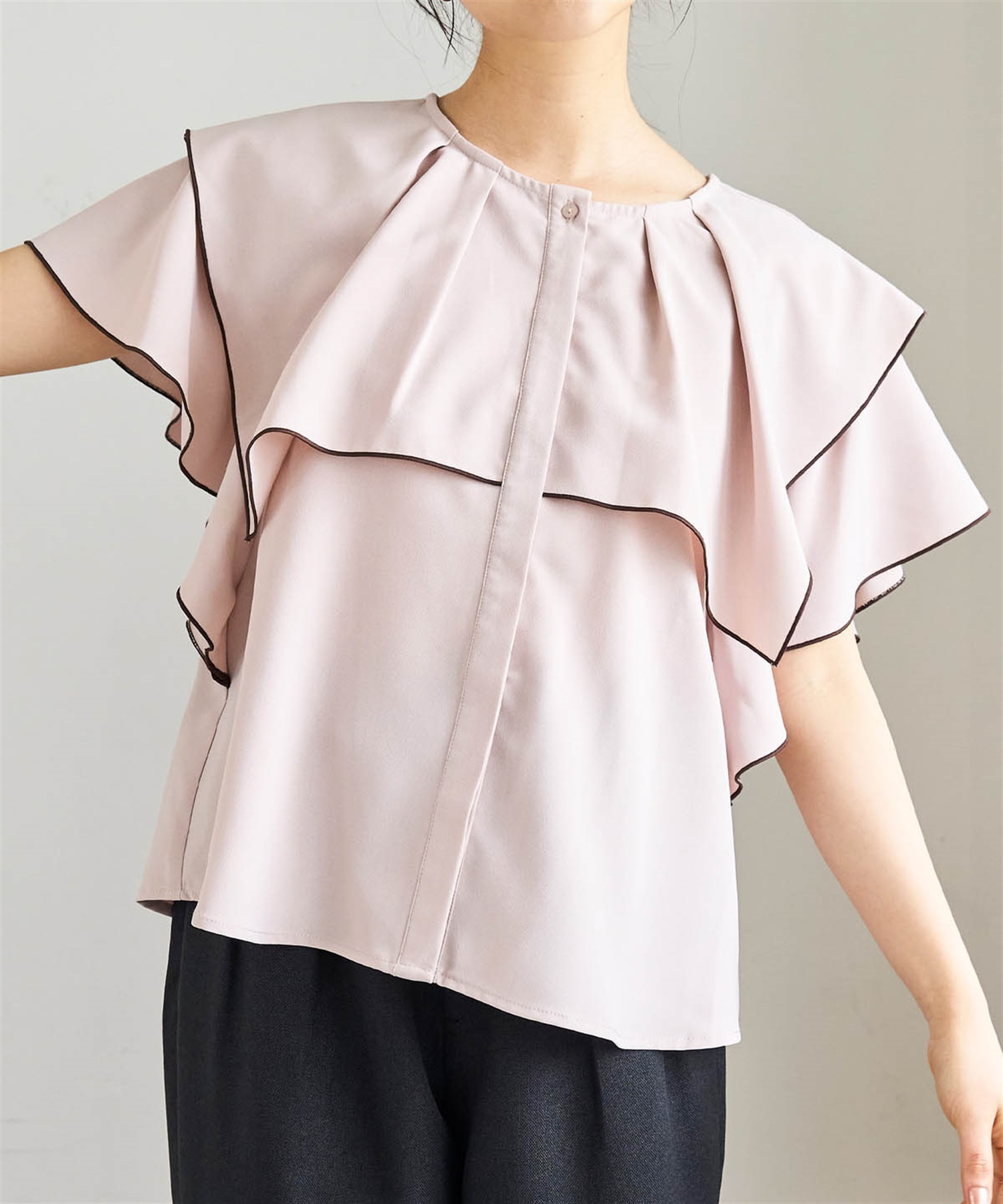配色メロウ ラッフルブラウス(85ピンクベージュ-ＸＳ-0587108-85-028)