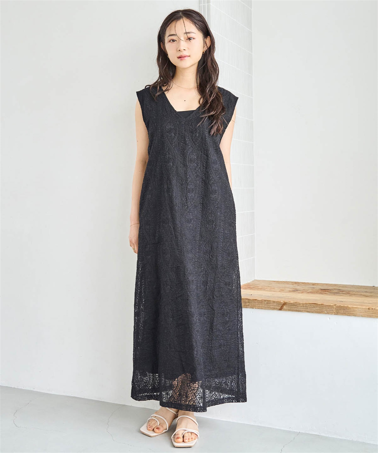 エンブロイダリーレース ノースリーブワンピース(00ブラック-ＸＳ-0587115-00-028)