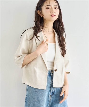 【セットアップ対応】リネンライク ランタンスリーブ クロップドジャケット