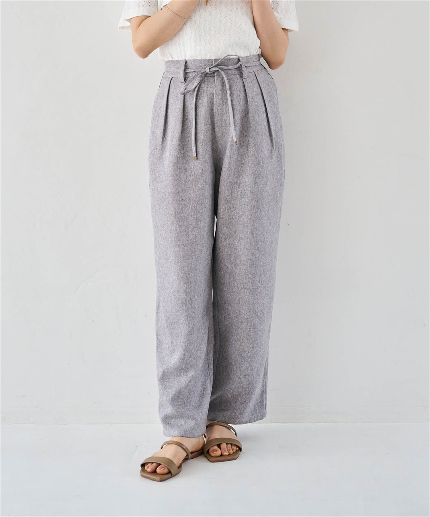 【セットアップ対応】リネンライク 細ベルト付き タックパンツ(12メランジグレー-Ｓ－Ｓｈｏｒｔ-0587117-12-491)