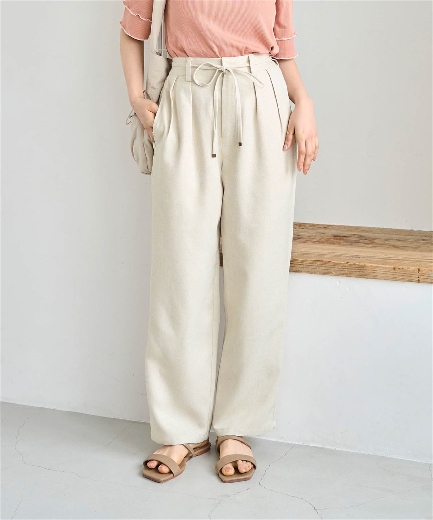 【セットアップ対応】リネンライク 細ベルト付き タックパンツ(82アイボリー-Ｓ－Ｓｈｏｒｔ-0587117-82-491)
