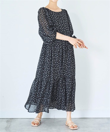 【予約】バルーンスリーブ ティアードワンピース(00ブラック小花柄-ＸＳ-0587119-00-028)