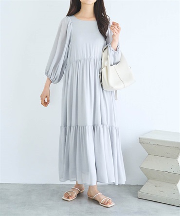 【予約】バルーンスリーブ ティアードワンピース(10アイスグレー(無地)-ＸＳ-0587119-10-028)