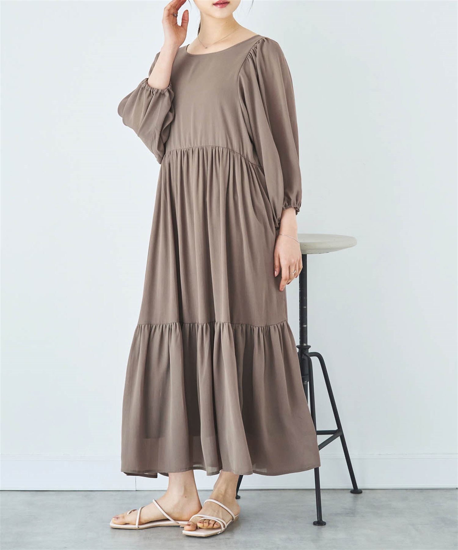 【予約】バルーンスリーブ ティアードワンピース(85モカブラウン(無地)-ＸＳ-0587119-85-028)