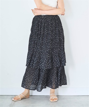【予約】2段プリーツ ティアードスカート(00ブラック小花柄-ＸＳ-0587125-00-028)