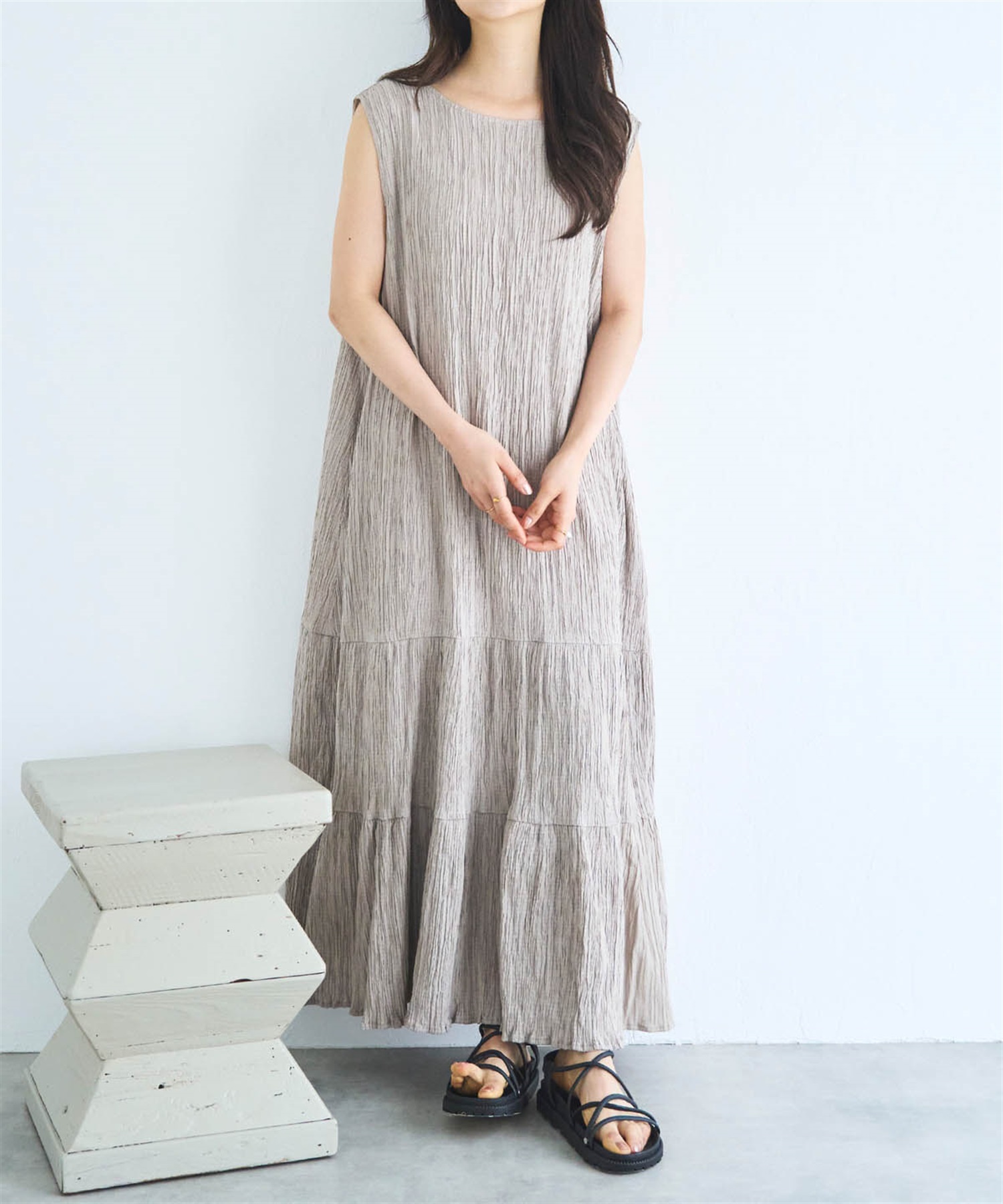 楊柳 ノースリーブ ティアードワンピース(82サンドベージュ-ＸＳ-0587132-82-028)