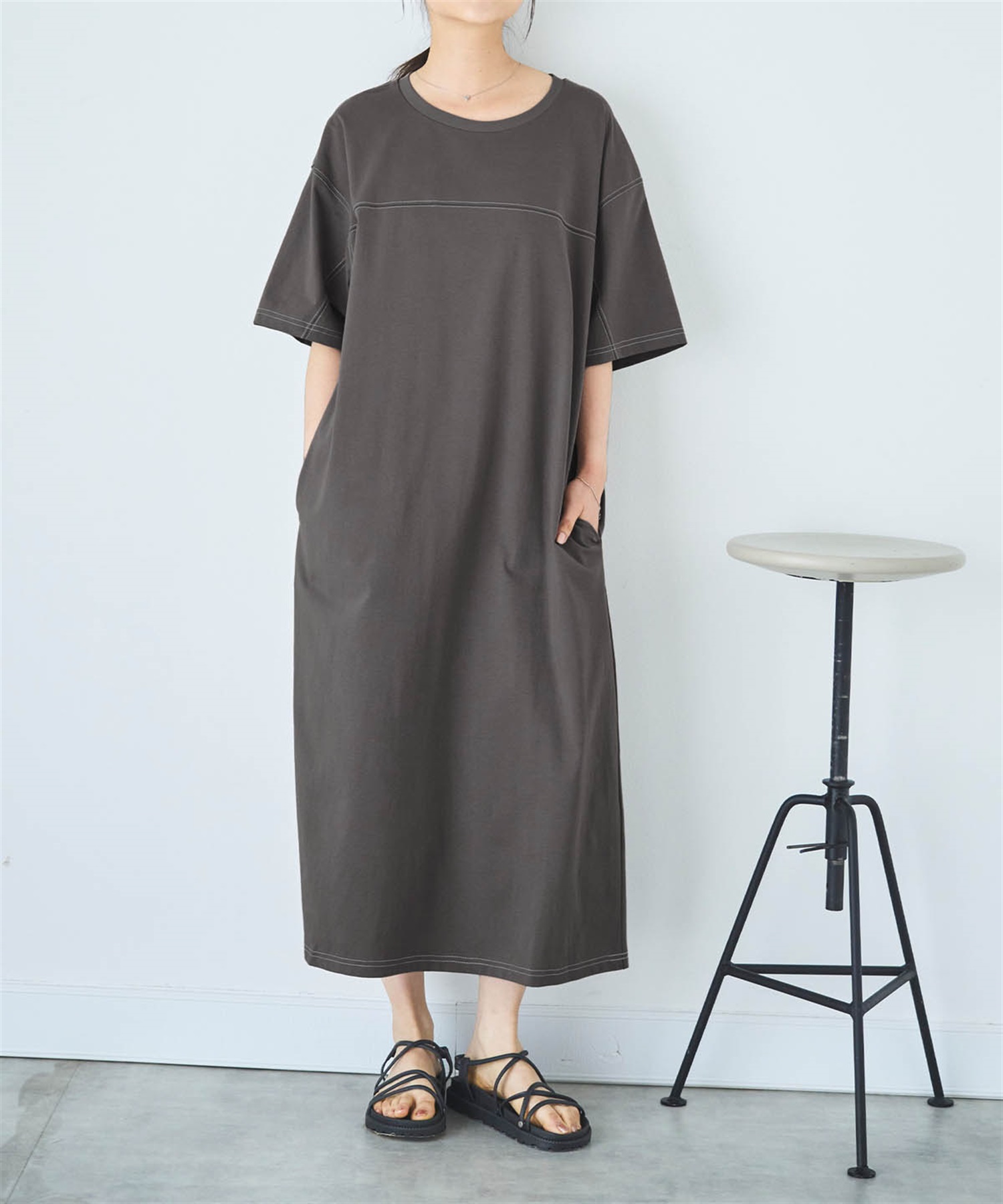 配色ステッチ カットワンピース(10チャコールグレー-ＸＳ-0587134-10-028)