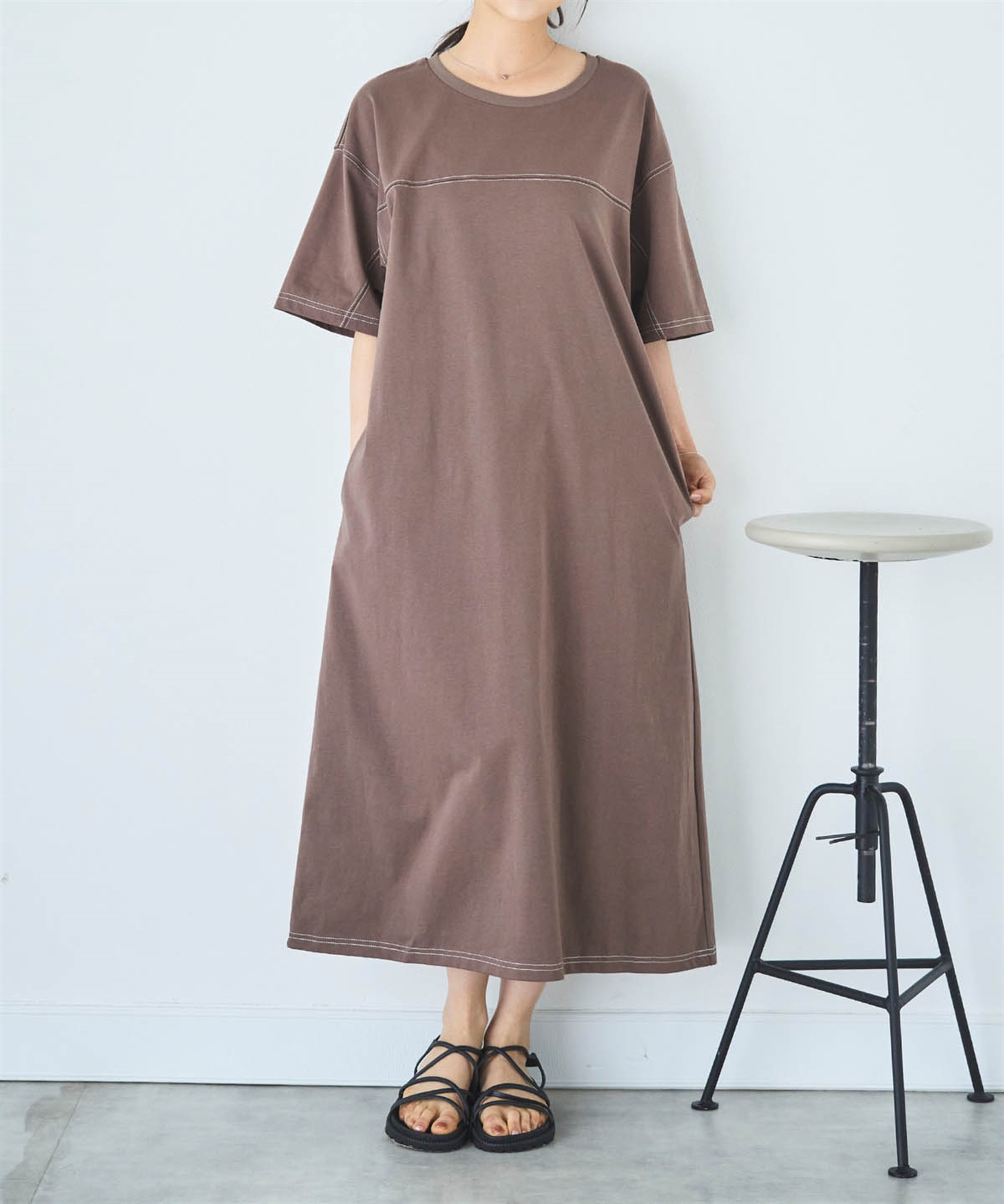 配色ステッチ カットワンピース(81モカブラウン-ＸＳ-0587134-81-028)
