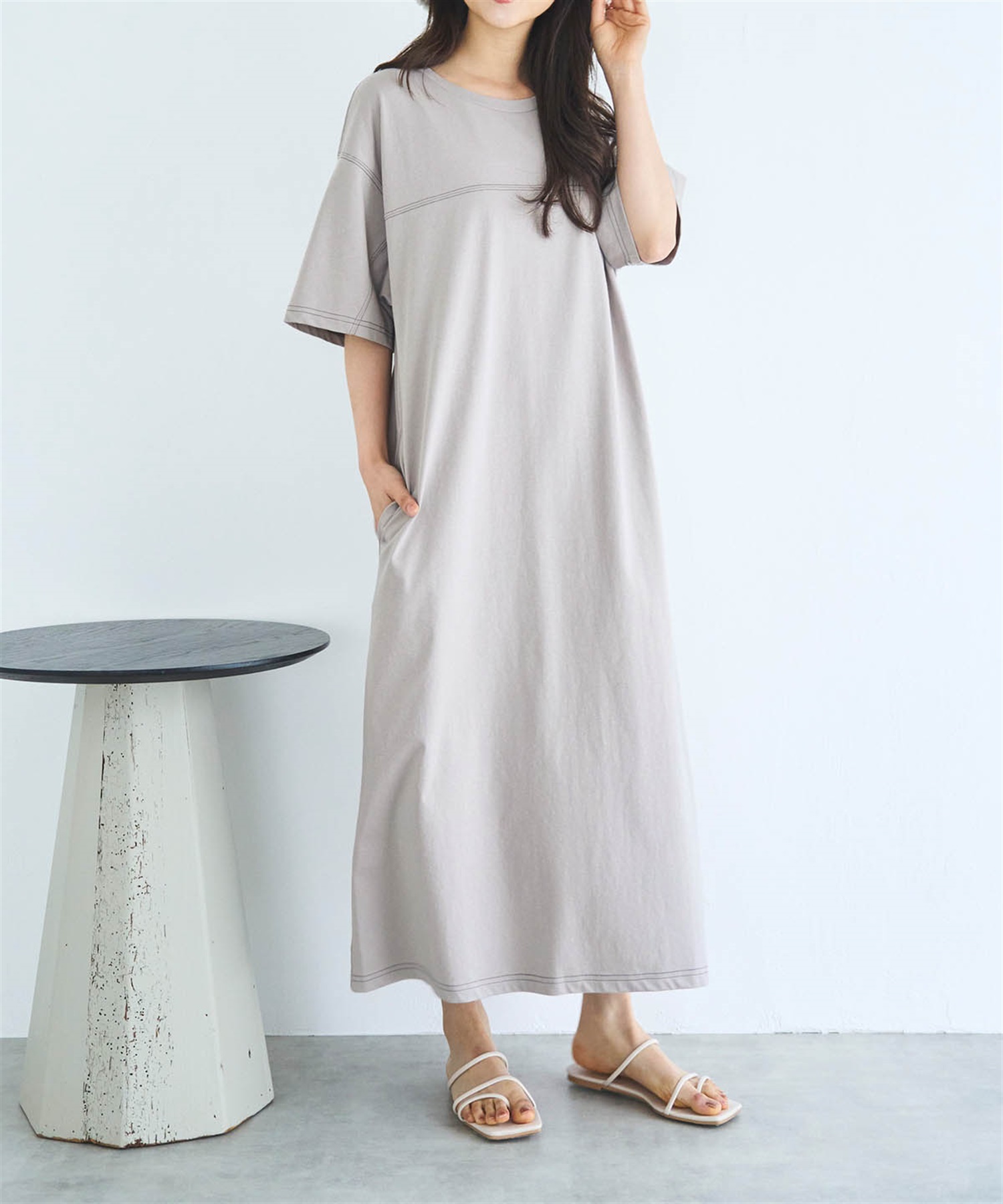 配色ステッチ カットワンピース(85グレージュ-ＸＳ-0587134-85-028)