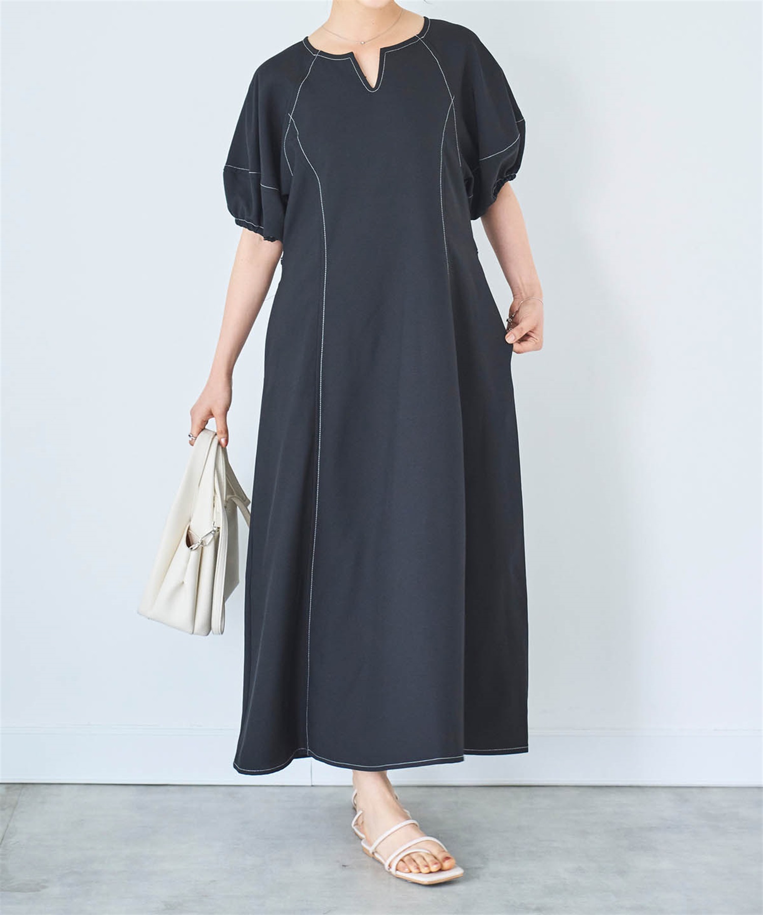 ランタンスリーブ キーネックワンピース(00ブラック-ＸＳ-0587135-00-028)