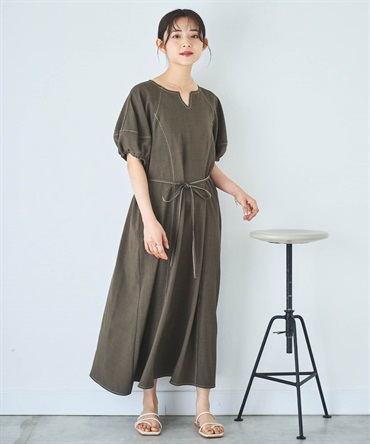 ランタンスリーブ キーネックワンピース